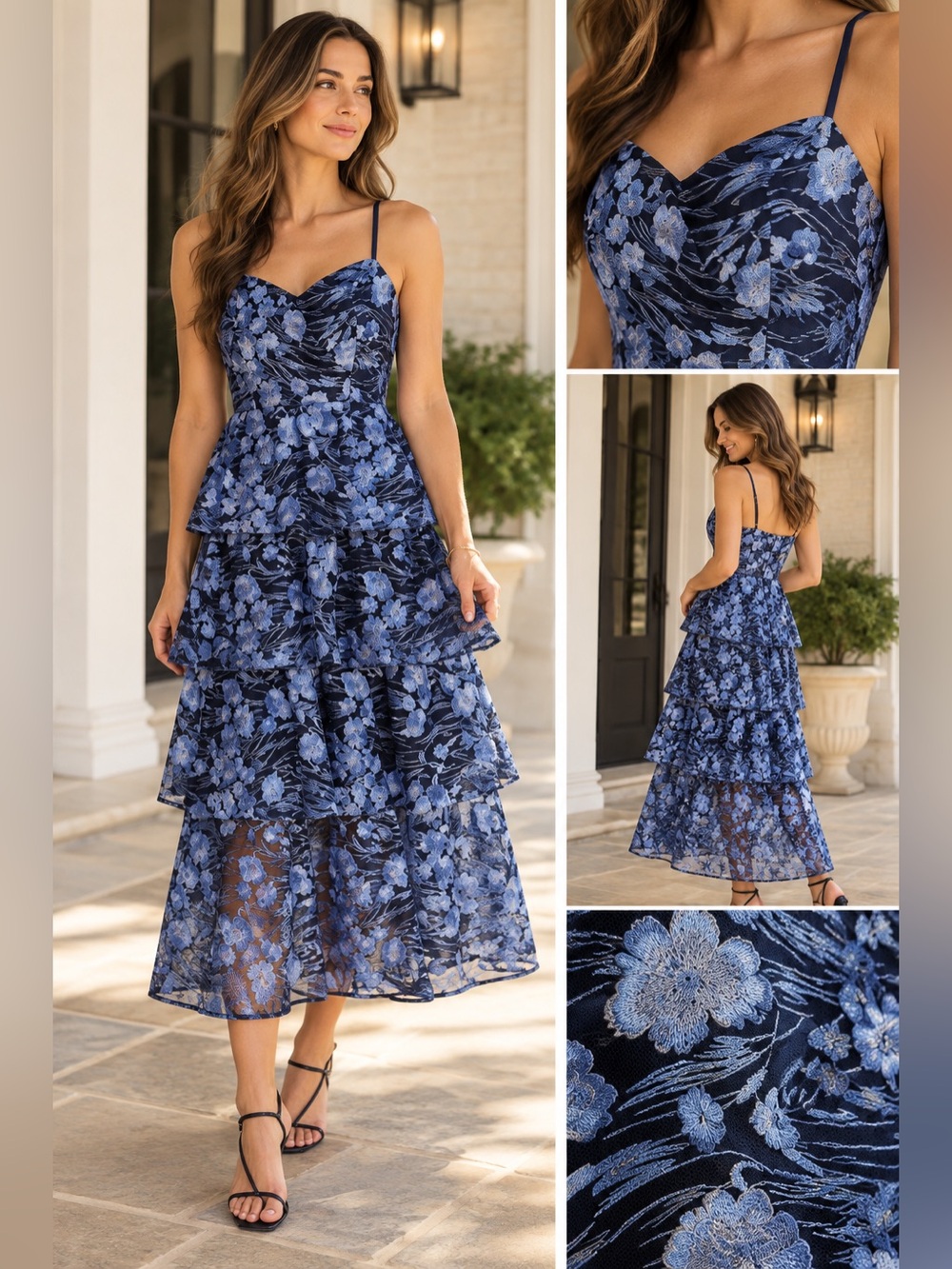 Blue Floral Tiered Maxi Dress with Spaghetti Straps